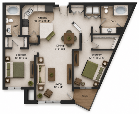 Floor plan for 2 beds, 2 baths, 1303 sqft